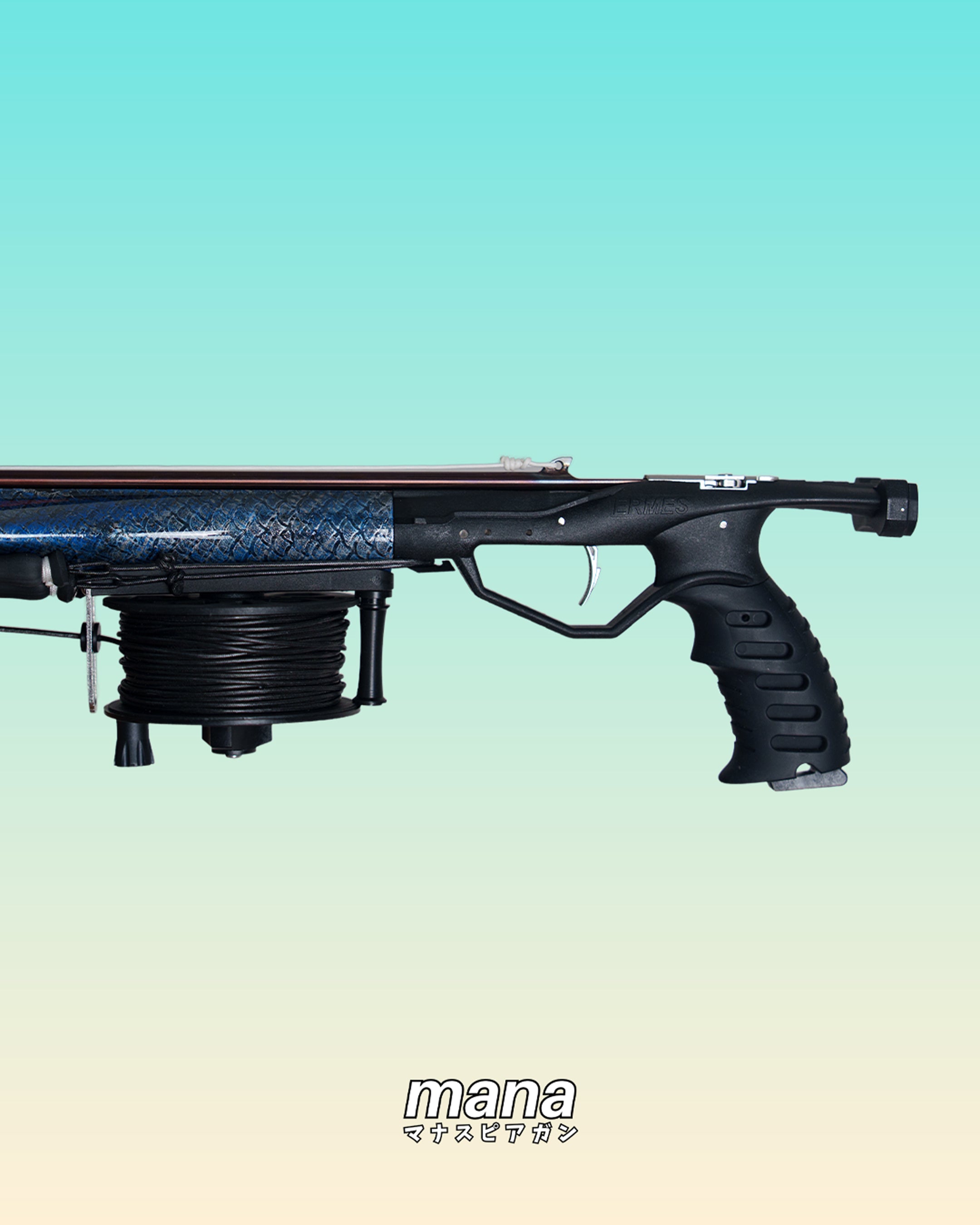 110cm Mana x Soriatec Double Roller Speargun Silver/Blue Gloss
